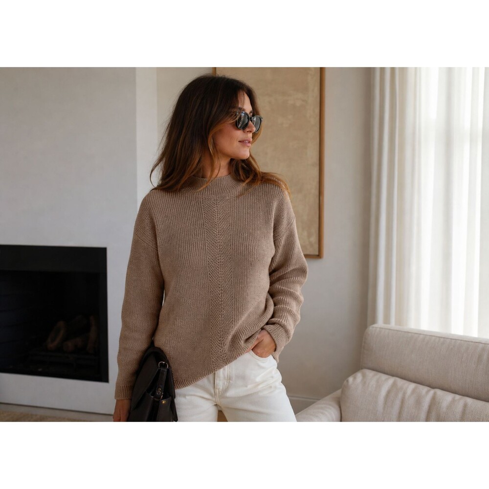 Rachel Zoe Merino Wool Sweater Small Tan Textured Knit Mock Neck Minimalist